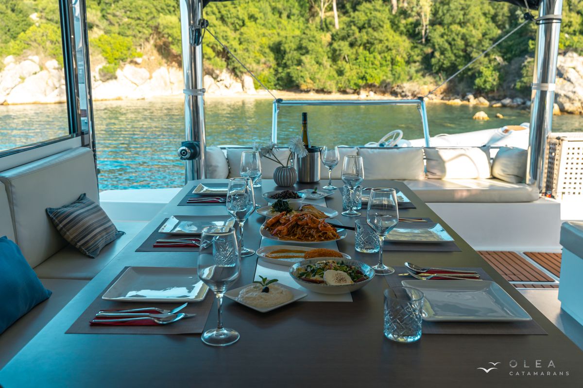 Deck of Olea II, a Bali 4.8 catamaran at Municipal Unit of Lefkada, Greece