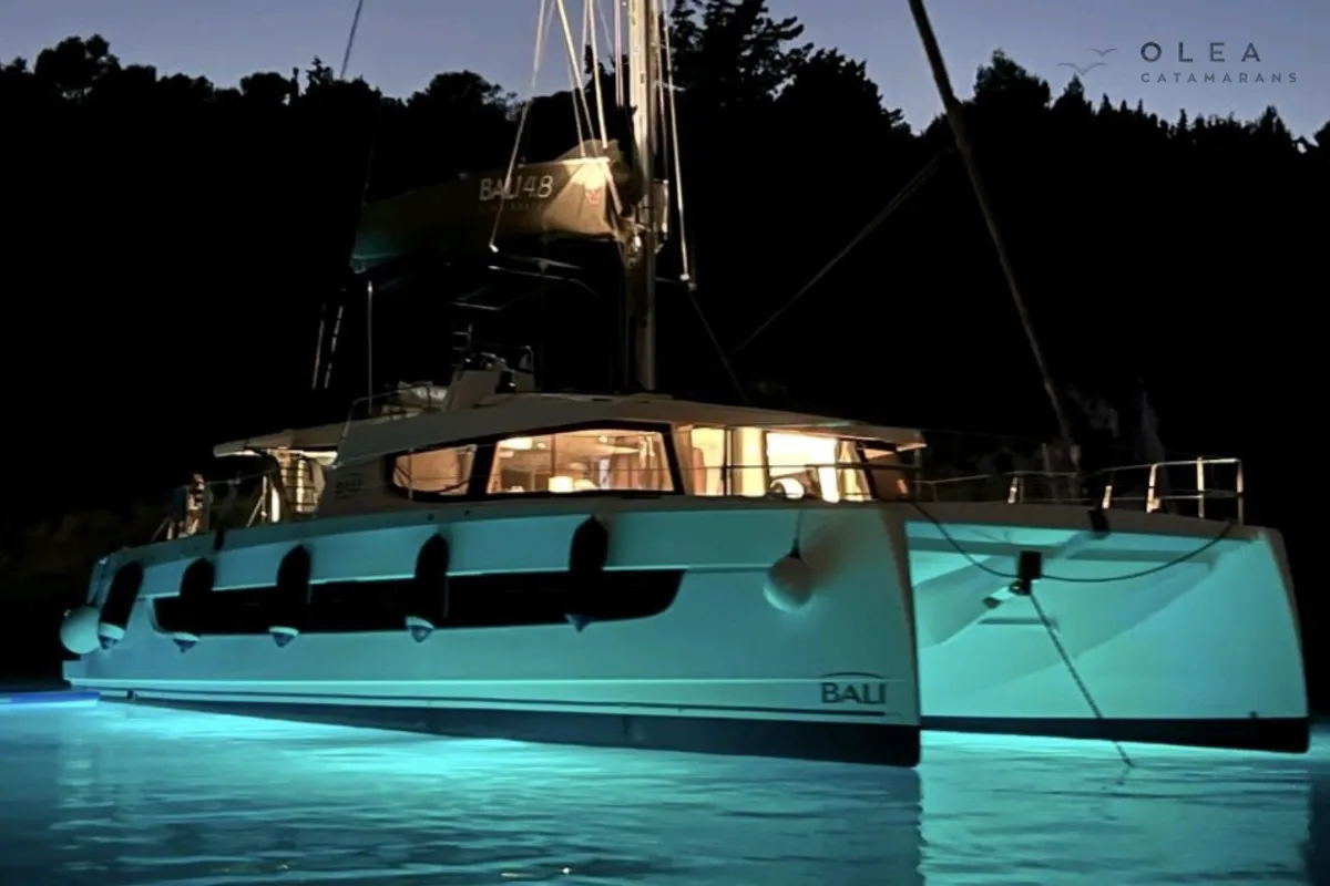 Exterior view of Olea II, a Bali 4.8 catamaran at Municipal Unit of Lefkada, Greece