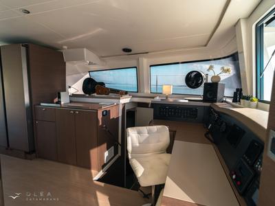 Cockpit of Olea II, a Bali 4.8 catamaran at Municipal Unit of Lefkada, Greece