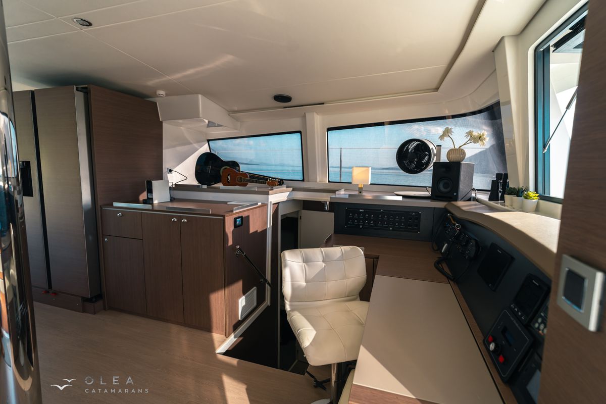 Cockpit of Olea II, a Bali 4.8 catamaran at Municipal Unit of Lefkada, Greece