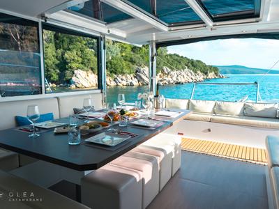 Salon of Olea II, a Bali 4.8 catamaran at Municipal Unit of Lefkada, Greece