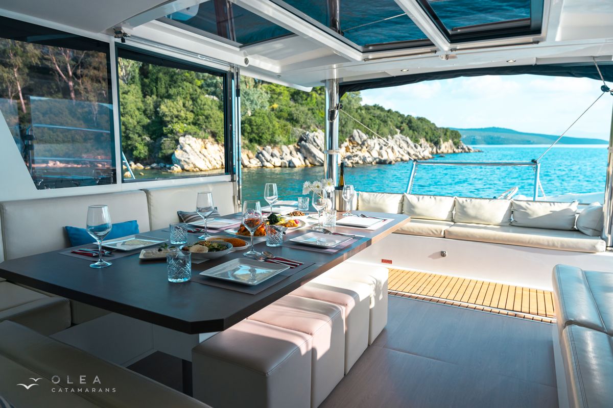 Salon of Olea II, a Bali 4.8 catamaran at Municipal Unit of Lefkada, Greece