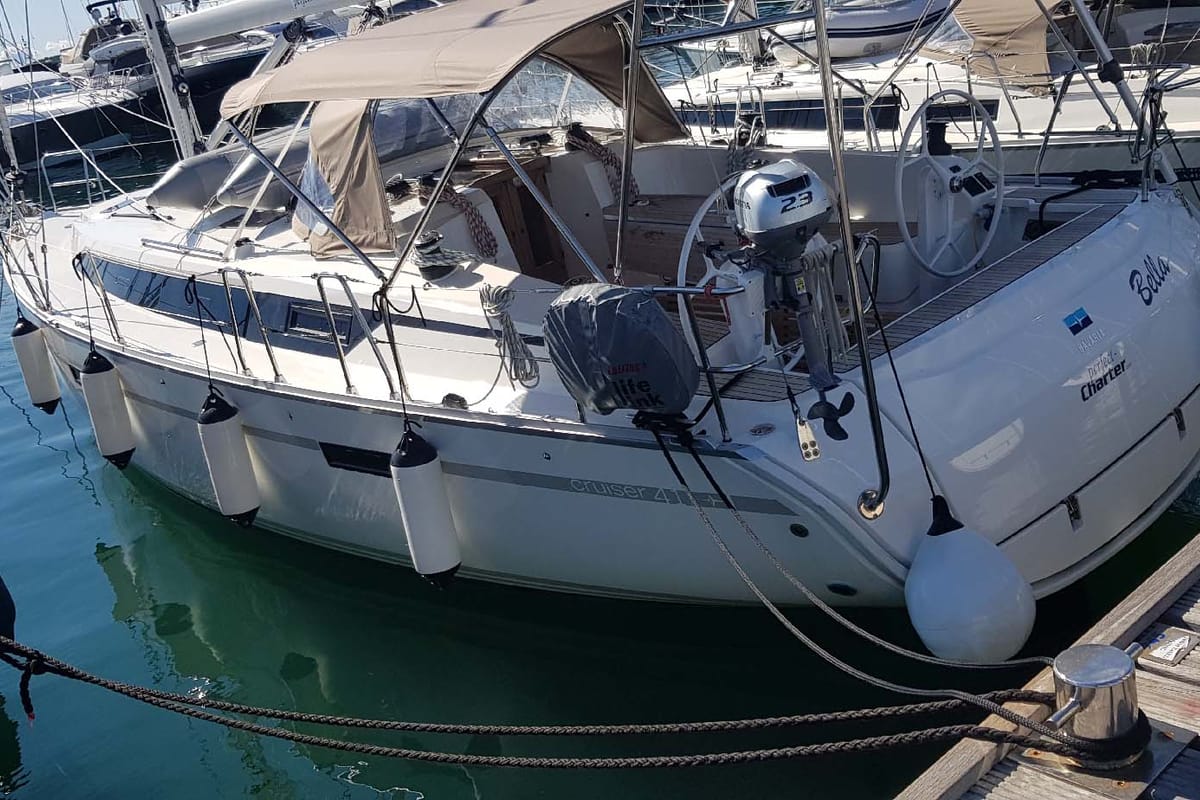 Exterior view of Bella, a Bavaria Cruiser 41 sailboat at Punat, Croatia