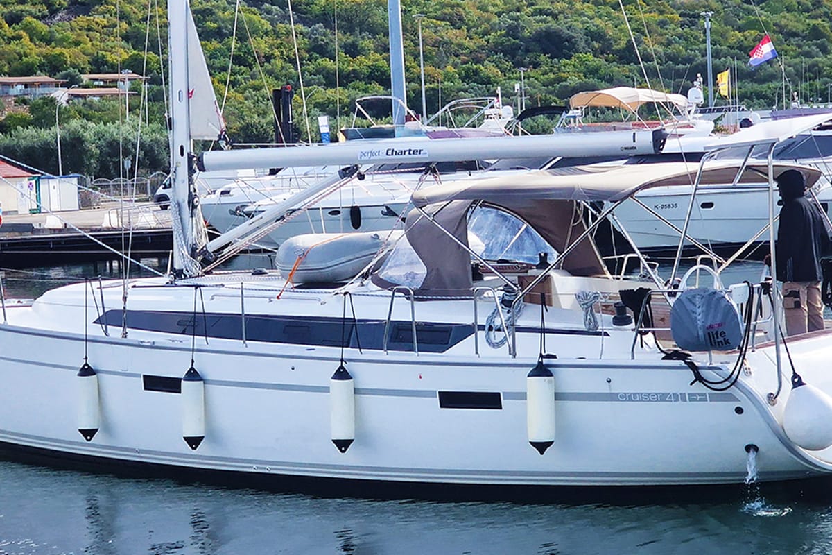 Exterior view of Bella, a Bavaria Cruiser 41 sailboat at Punat, Croatia