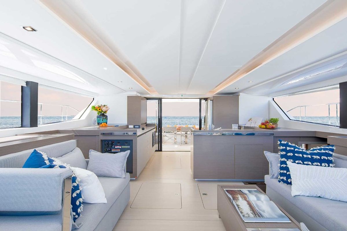Salon of Moorings 464PC Exclusive, a Leopard 46PC catamaran at Piraeus, Greece