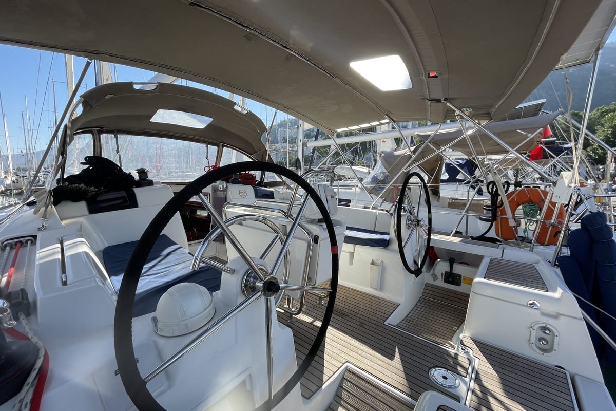 Cockpit of Malea, a Jeanneau Sun Odyssey 419 sailboat at Fethiye, Turkey