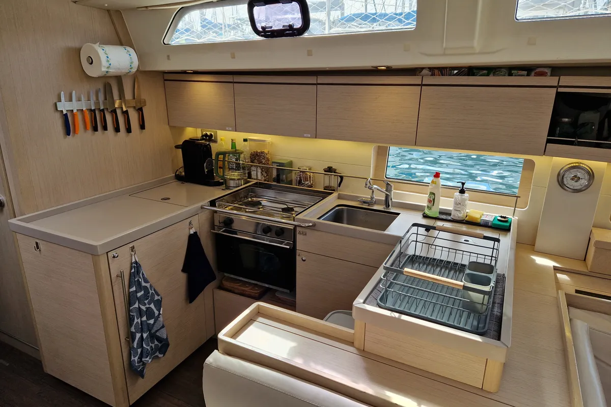 Galley of Skalpel 2, a Beneteau Oceanis 51.1 sailboat at Cagliari, Italy