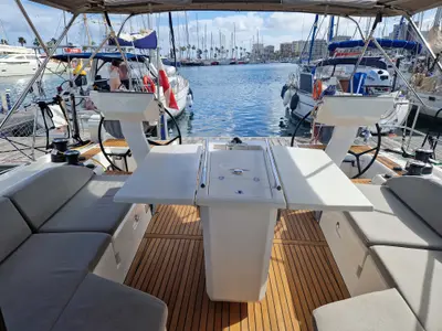 Deck of Skalpel 2, a Beneteau Oceanis 51.1 sailboat at Cagliari, Italy
