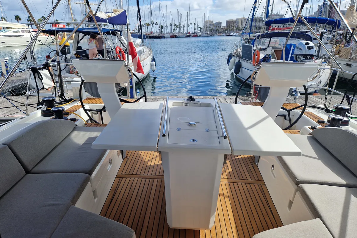 Deck of Skalpel 2, a Beneteau Oceanis 51.1 sailboat at Cagliari, Italy