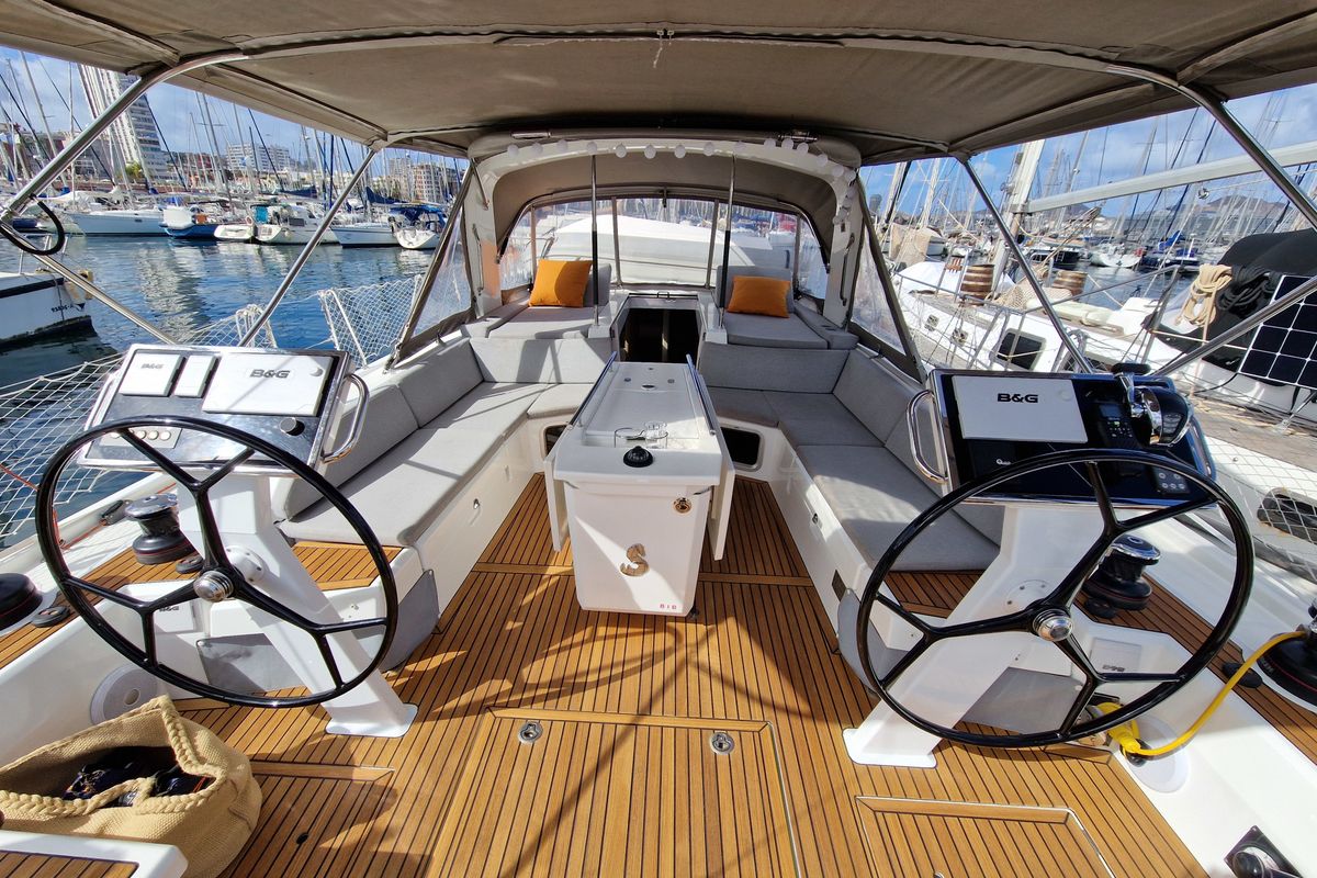 Cockpit of Skalpel 2, a Beneteau Oceanis 51.1 sailboat at Cagliari, Italy