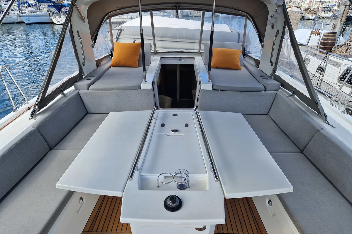 Deck of Skalpel 2, a Beneteau Oceanis 51.1 sailboat at Cagliari, Italy