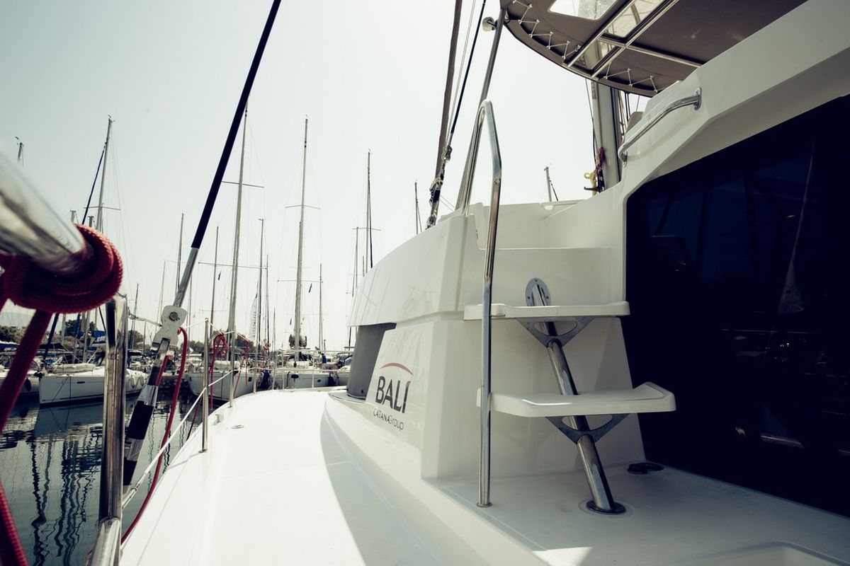 Deck of Blue Dream II, a Bali 4.0 catamaran at Keramoti, Greece