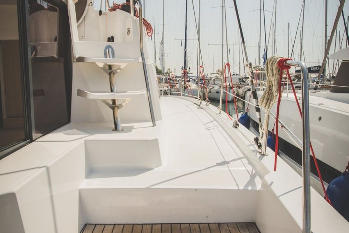 Deck of Blue Dream II, a Bali 4.0 catamaran at Keramoti, Greece