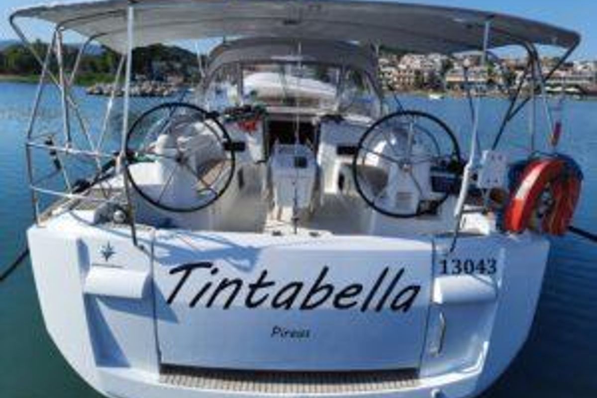 Exterior view of Tintabella, a Jeanneau Sun Odyssey 469 sailboat at Athens, Greece