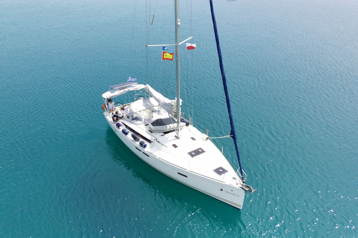 Exterior view of Tintabella, a Jeanneau Sun Odyssey 469 sailboat at Athens, Greece