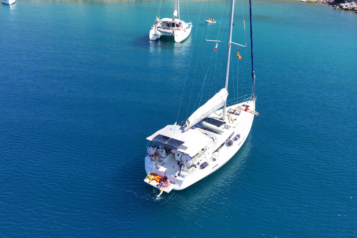 Exterior view of Tintabella, a Jeanneau Sun Odyssey 469 sailboat at Athens, Greece