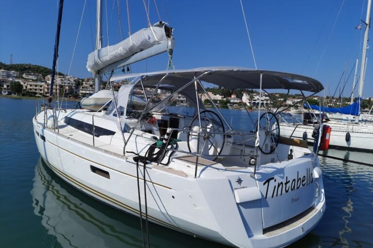 Exterior view of Tintabella, a Jeanneau Sun Odyssey 469 sailboat at Athens, Greece