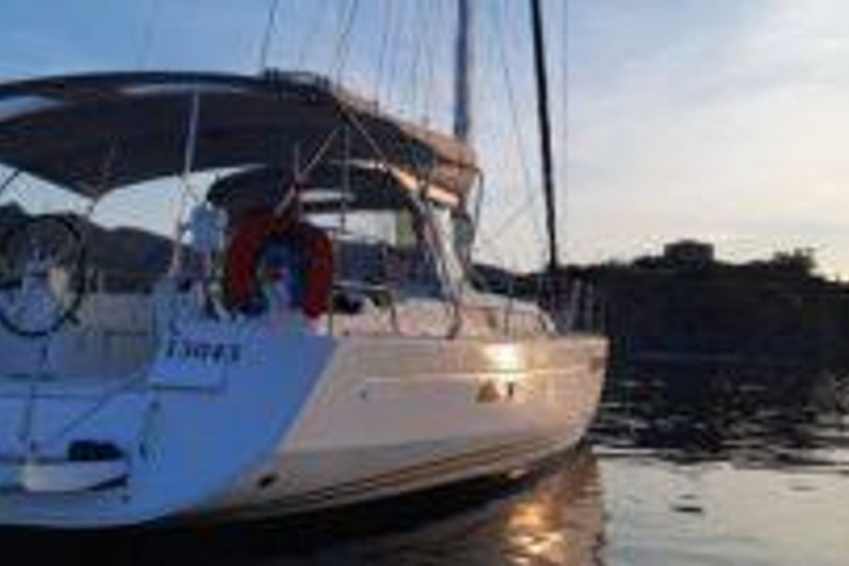 Exterior view of Tintabella, a Jeanneau Sun Odyssey 469 sailboat at Athens, Greece