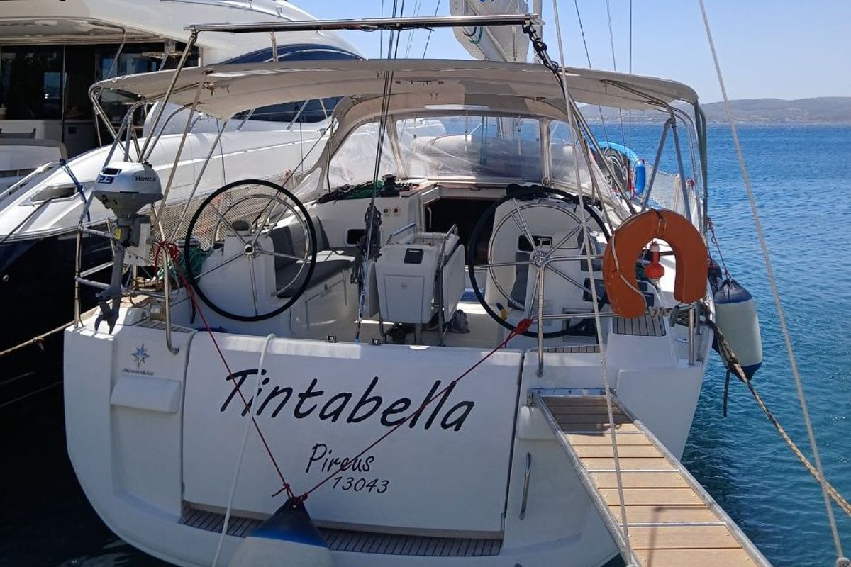 Exterior view of Tintabella, a Jeanneau Sun Odyssey 469 sailboat at Athens, Greece