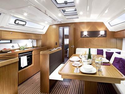 Salon of Vanda, a Bavaria Cruiser 46 sailboat at Kontokali, Greece