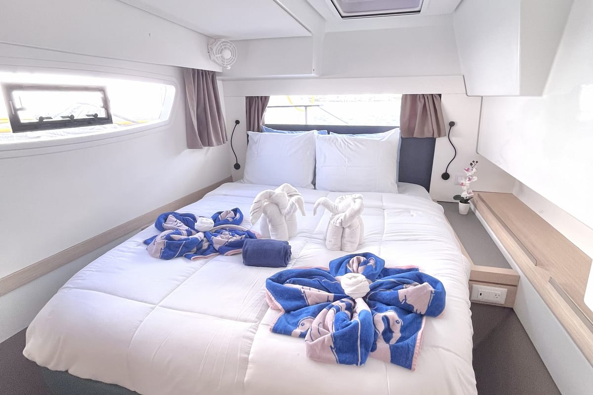 Cabin on Blue Vibes, a Fountaine Pajot Tanna 47 catamaran at Parham Town, British Virgin Islands