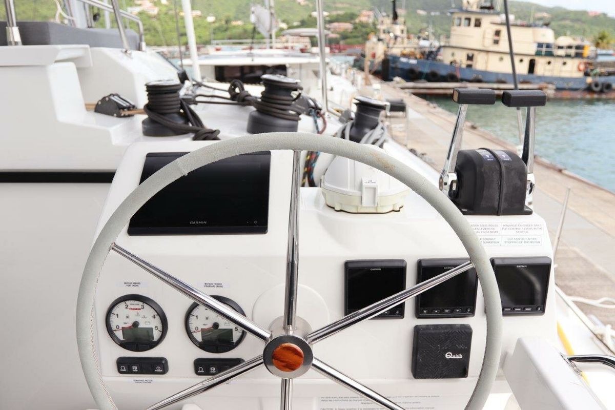 Cockpit of Serenata, a Fountaine Pajot Saba 50 catamaran at Road Town, British Virgin Islands