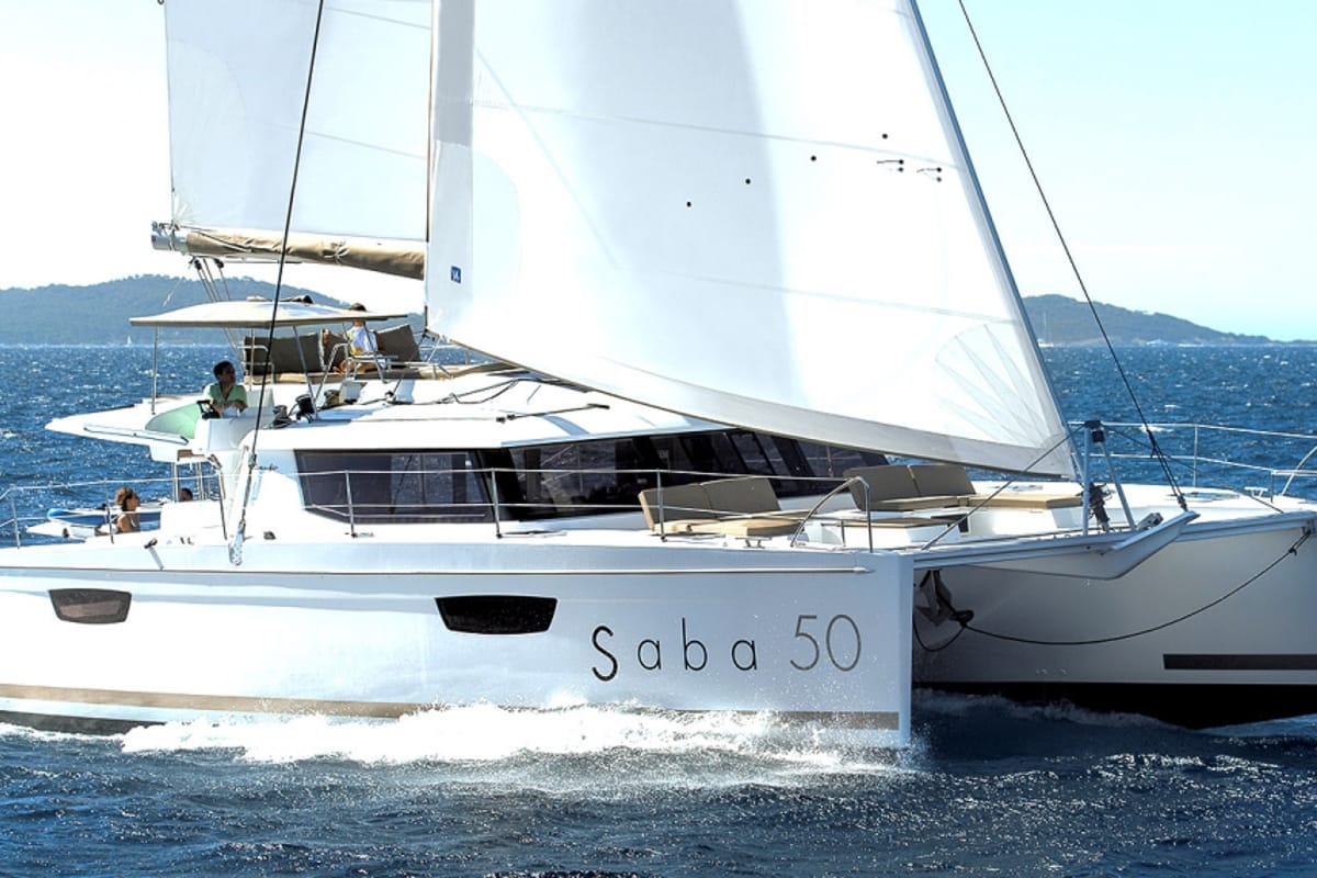 Exterior view of Serenata, a Fountaine Pajot Saba 50 catamaran at Road Town, British Virgin Islands