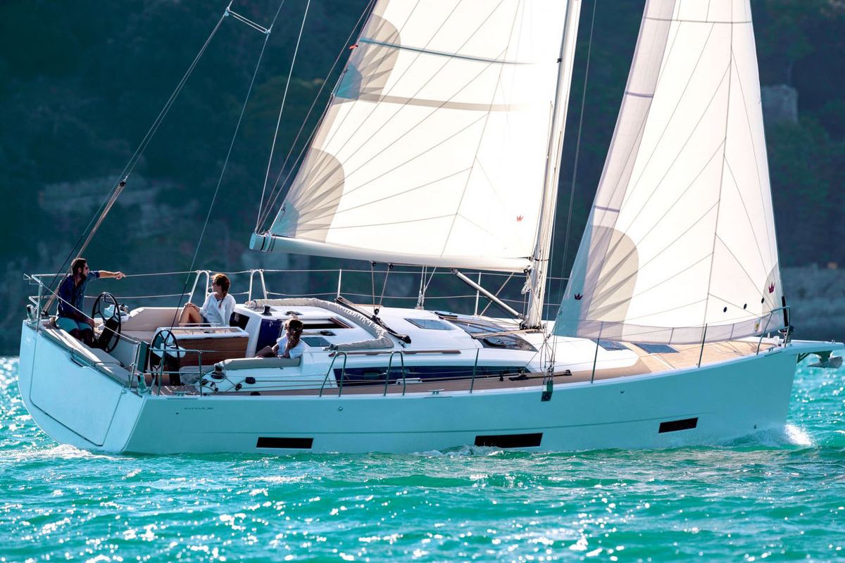 Exterior view of Stergios, a Dufour 390 Grand Large sailboat at Athens, Greece