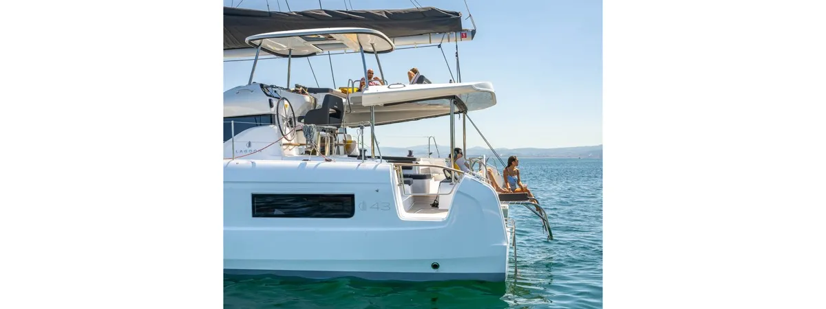 Exterior view of Folie, a Lagoon 43 catamaran at Tonnarella, Italy