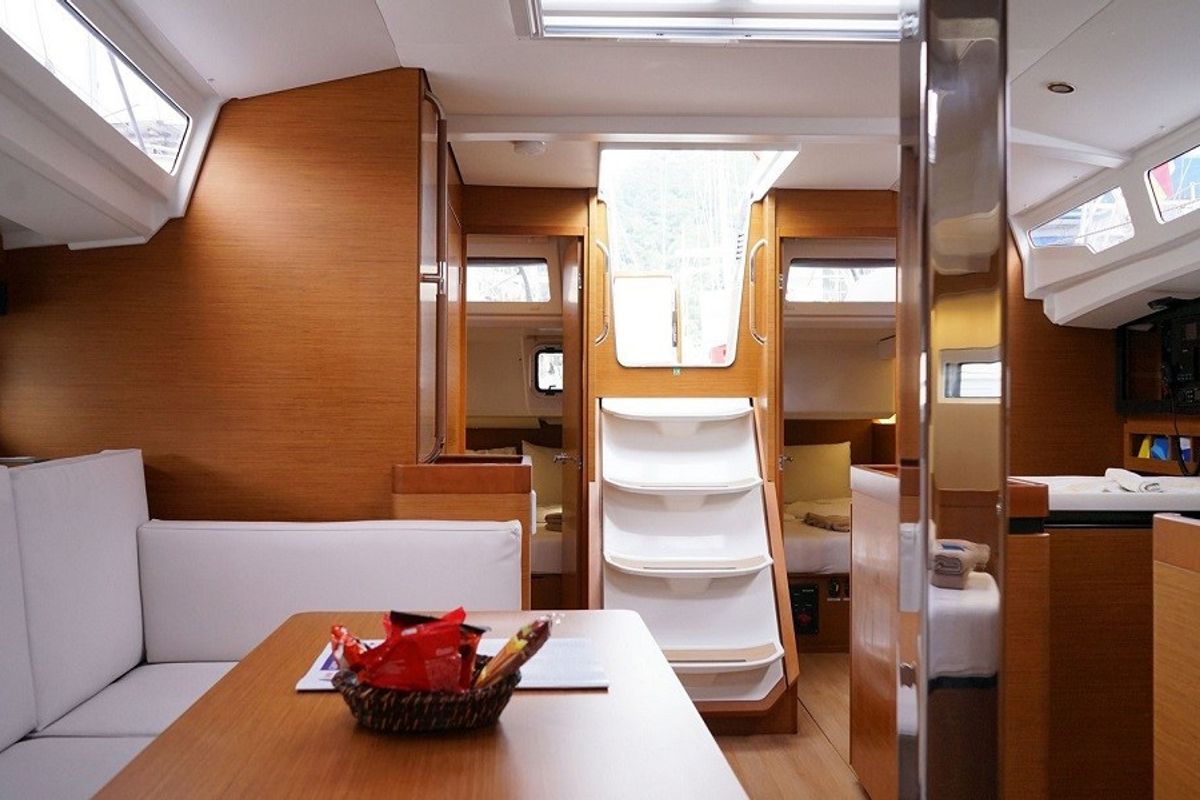 Salon of Bonbon, a Jeanneau Sun Odyssey 440 sailboat at Bodrum, Turkey