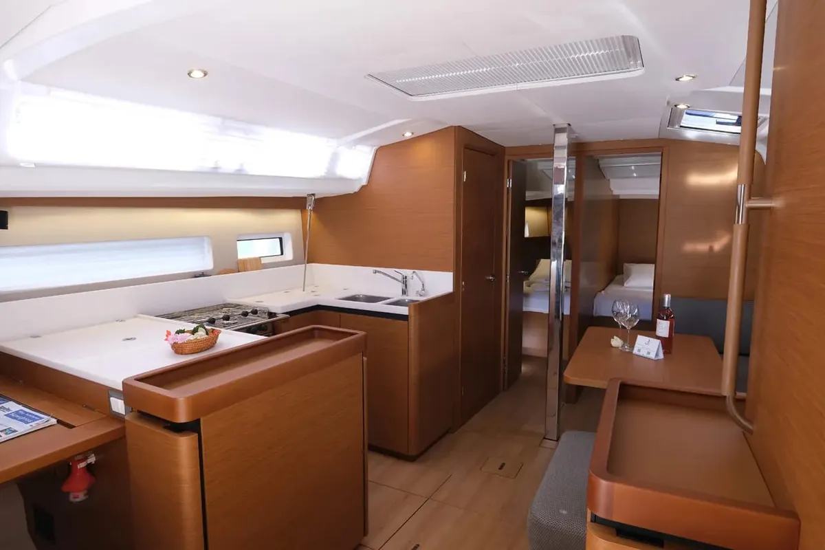 Salon of Bonbon, a Jeanneau Sun Odyssey 440 sailboat at Bodrum, Turkey