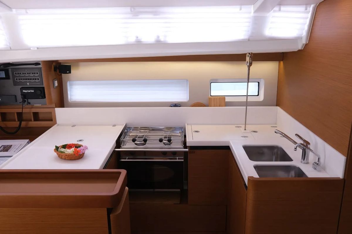 Galley of Bonbon, a Jeanneau Sun Odyssey 440 sailboat at Bodrum, Turkey