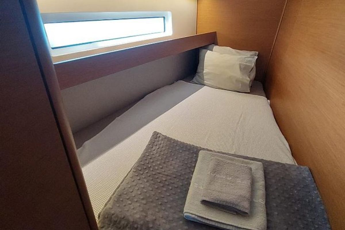 Cabin on Bonbon, a Jeanneau Sun Odyssey 440 sailboat at Bodrum, Turkey