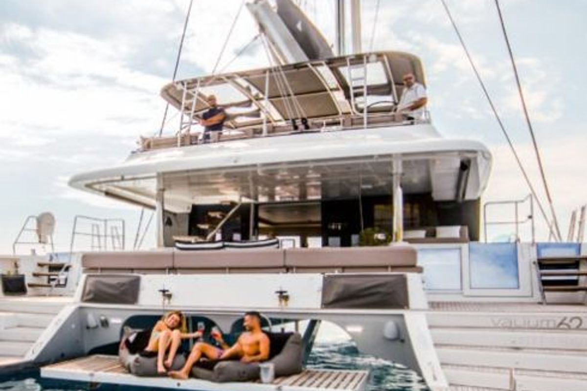 Exterior view of Valium 62, a Lagoon 620 catamaran at Municipal Unit of Nea Peramos, Greece