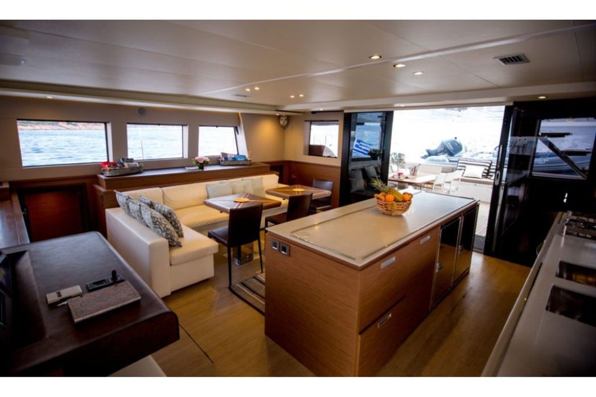 Salon of Valium 62, a Lagoon 620 catamaran at Municipal Unit of Nea Peramos, Greece