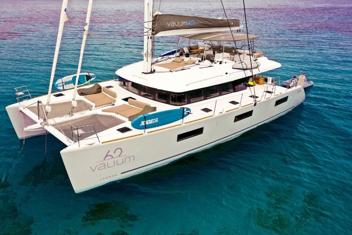 Exterior view of Valium 62, a Lagoon 620 catamaran at Municipal Unit of Nea Peramos, Greece