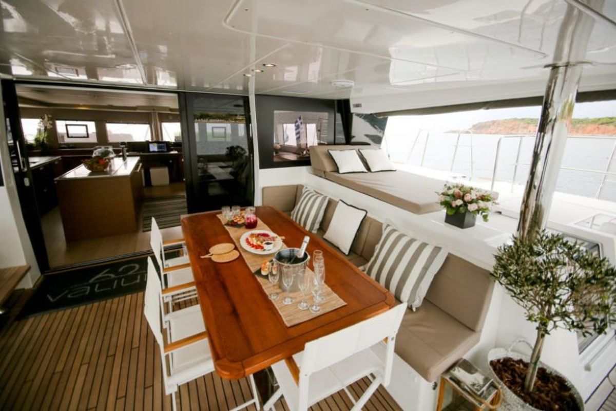 Deck of Valium 62, a Lagoon 620 catamaran at Municipal Unit of Nea Peramos, Greece