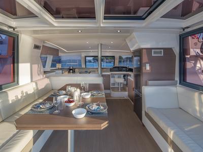 Salon of Paspartu, a Bali 4.1 catamaran at Municipal Unit of Anaktorio, Greece