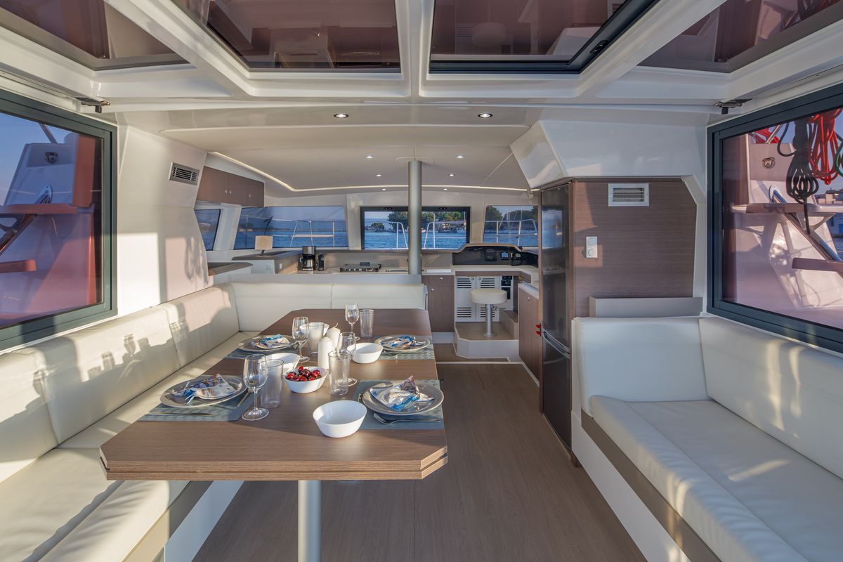 Salon of Paspartu, a Bali 4.1 catamaran at Municipal Unit of Anaktorio, Greece