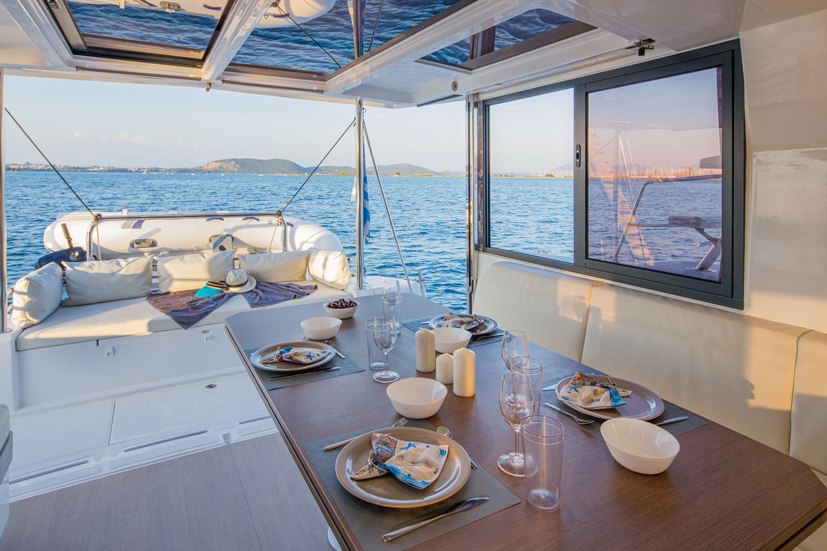 Salon of Paspartu, a Bali 4.1 catamaran at Municipal Unit of Anaktorio, Greece