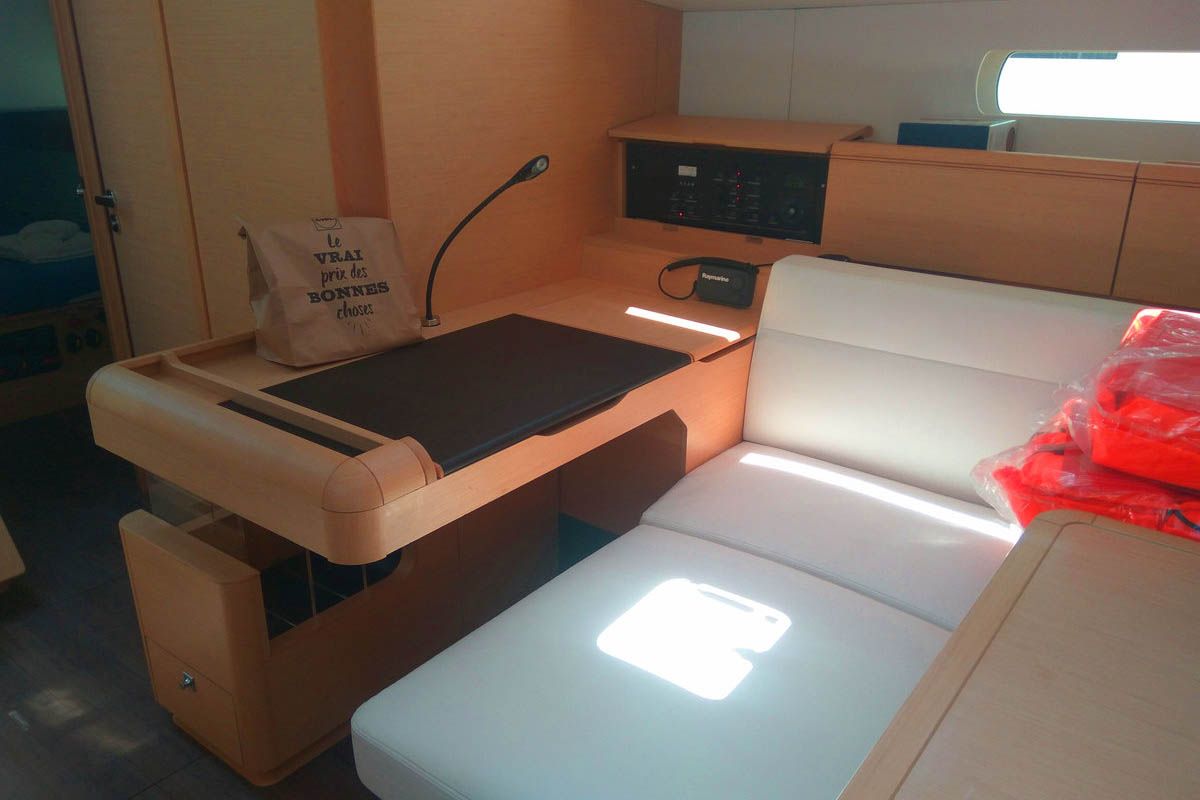 Salon of Belle Epoque , a Jeanneau Sun Odyssey 519 sailboat at Athens, Greece