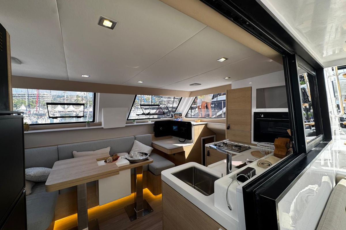 Salon of Zarah, a Aventura Catamarans Aventura 37 catamaran at Capo d'Orlando, Italy