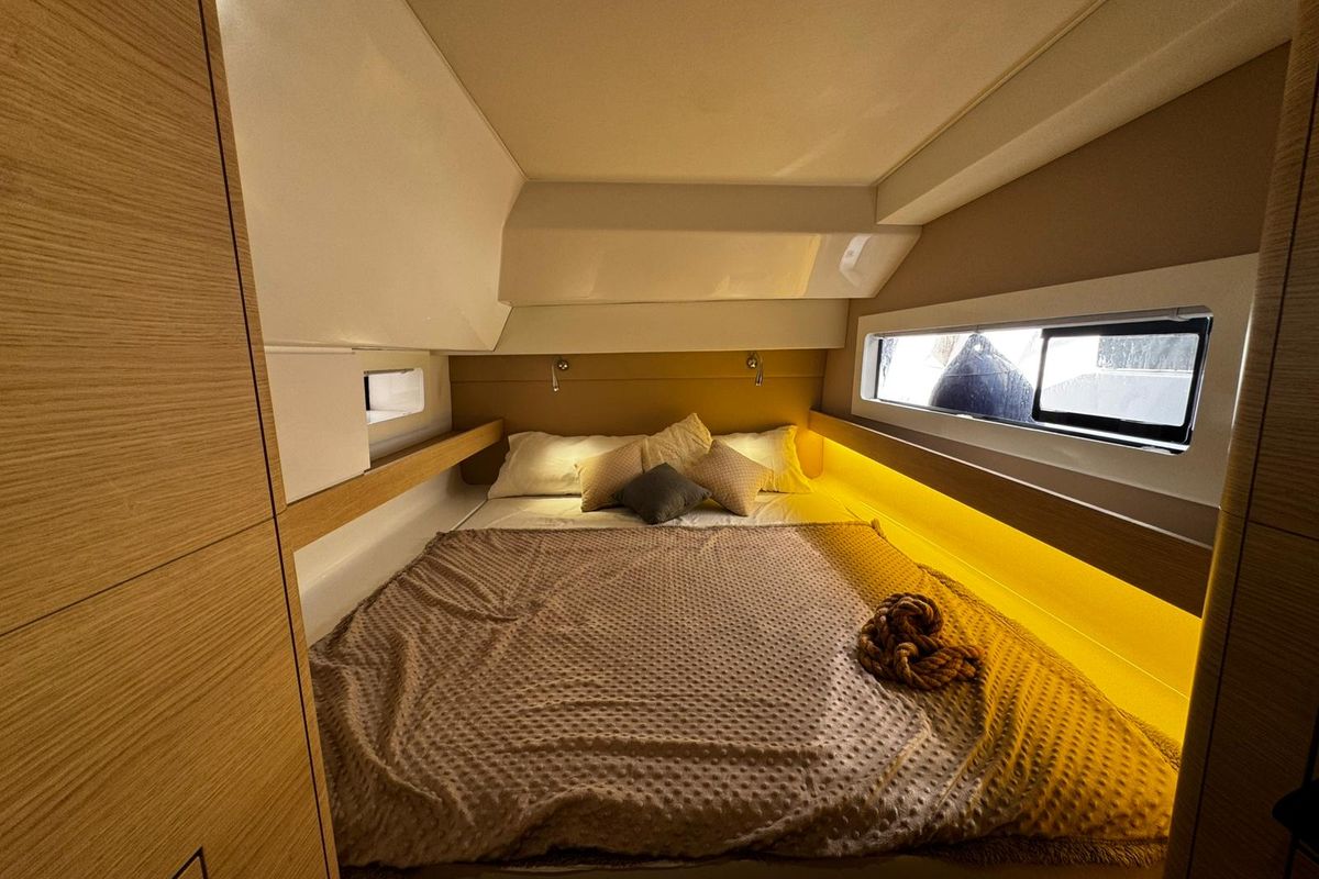 Cabin on Zarah, a Aventura Catamarans Aventura 37 catamaran at Capo d'Orlando, Italy
