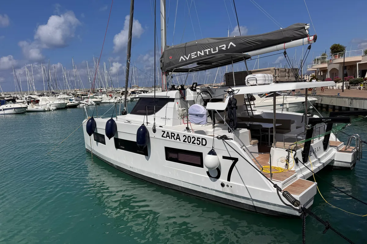 Exterior view of Zarah, a Aventura Catamarans Aventura 37 catamaran at Capo d'Orlando, Italy