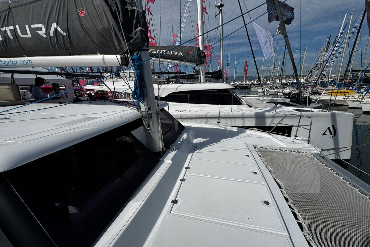 Deck of Zarah, a Aventura Catamarans Aventura 37 catamaran at Capo d'Orlando, Italy
