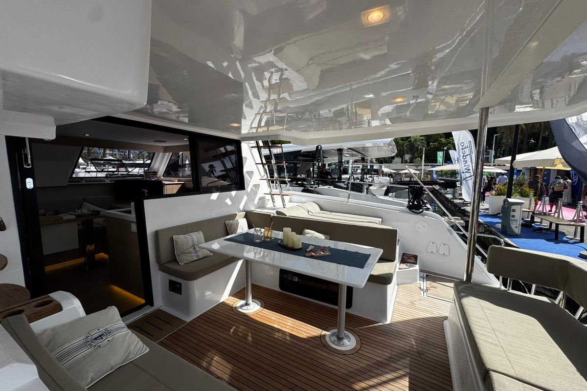 Deck of Zarah, a Aventura Catamarans Aventura 37 catamaran at Capo d'Orlando, Italy