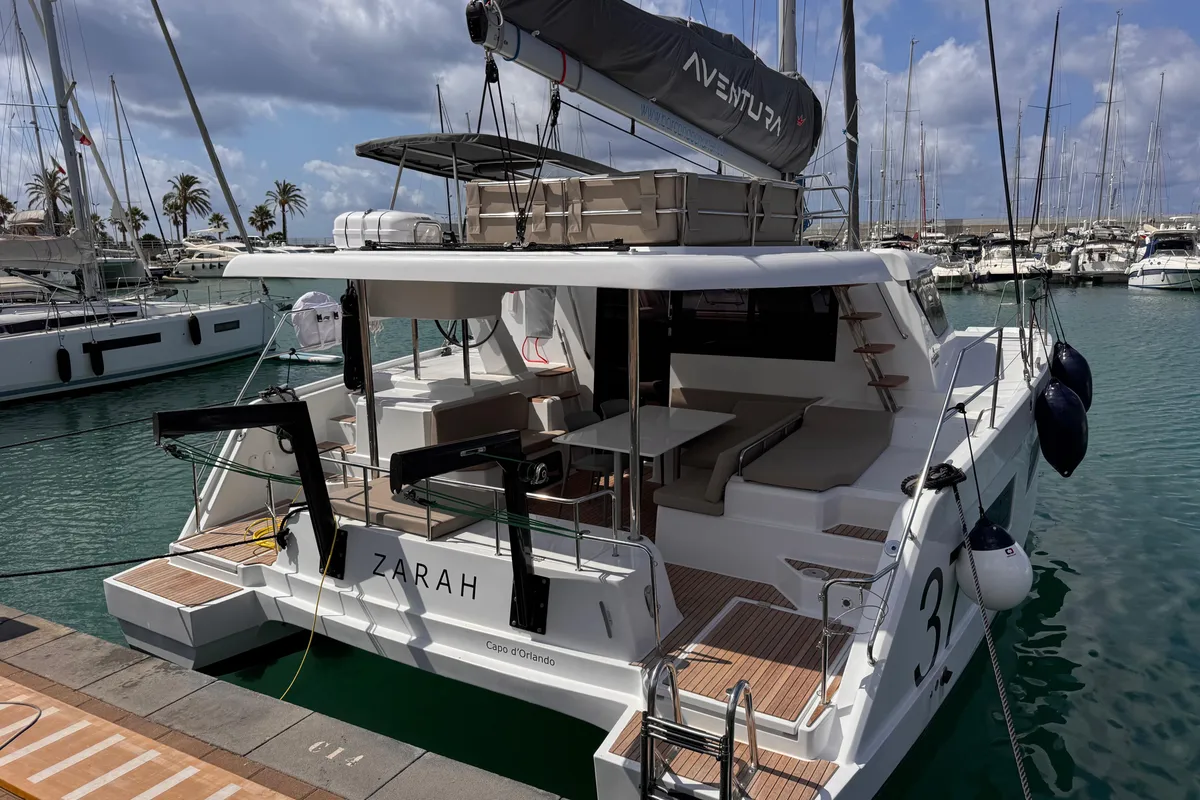 Exterior view of Zarah, a Aventura Catamarans Aventura 37 catamaran at Capo d'Orlando, Italy