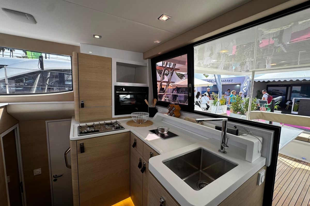 Galley of Zarah, a Aventura Catamarans Aventura 37 catamaran at Capo d'Orlando, Italy