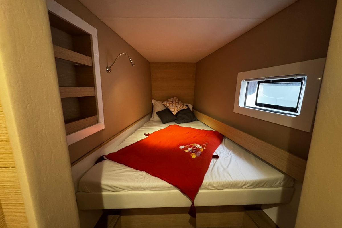 Cabin on Zarah, a Aventura Catamarans Aventura 37 catamaran at Capo d'Orlando, Italy