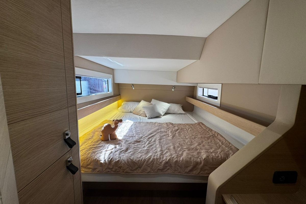 Cabin on Zarah, a Aventura Catamarans Aventura 37 catamaran at Capo d'Orlando, Italy